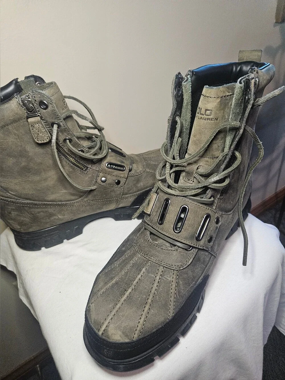Polo by Ralph Lauren Men's Olive Gray Suede Lace-Up Strap Boots